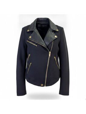 Zara Basic Womens Black Moto Jacket With Gold Zippers Size S